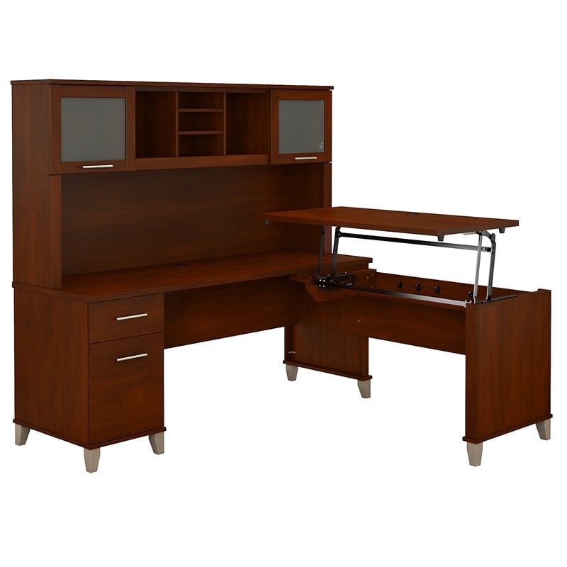 Pemberly Row 72W Sit to Stand L Desk with Hutch in Hansen Cherry