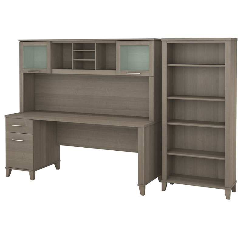 Pemberly Row 72W Office Desk with Hutch & Bookcase in Ash Gray - Engineered Wood