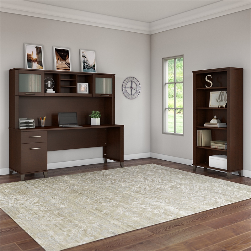 Pemberly Row 72W Desk with Hutch and Bookcase in Mocha Cherry