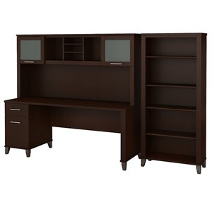 Pemberly Row 72W Desk with Hutch and Bookcase in Mocha Cherry