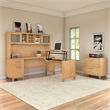 Pemberly Row Sit to Stand L Desk with Hutch & Cabinet in Maple