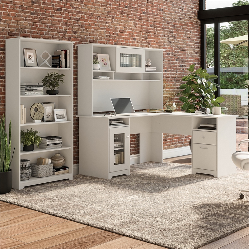 Pemberly Row Engineered Wood 60W L Desk with Hutch and 5 Shelf Bookcase in White