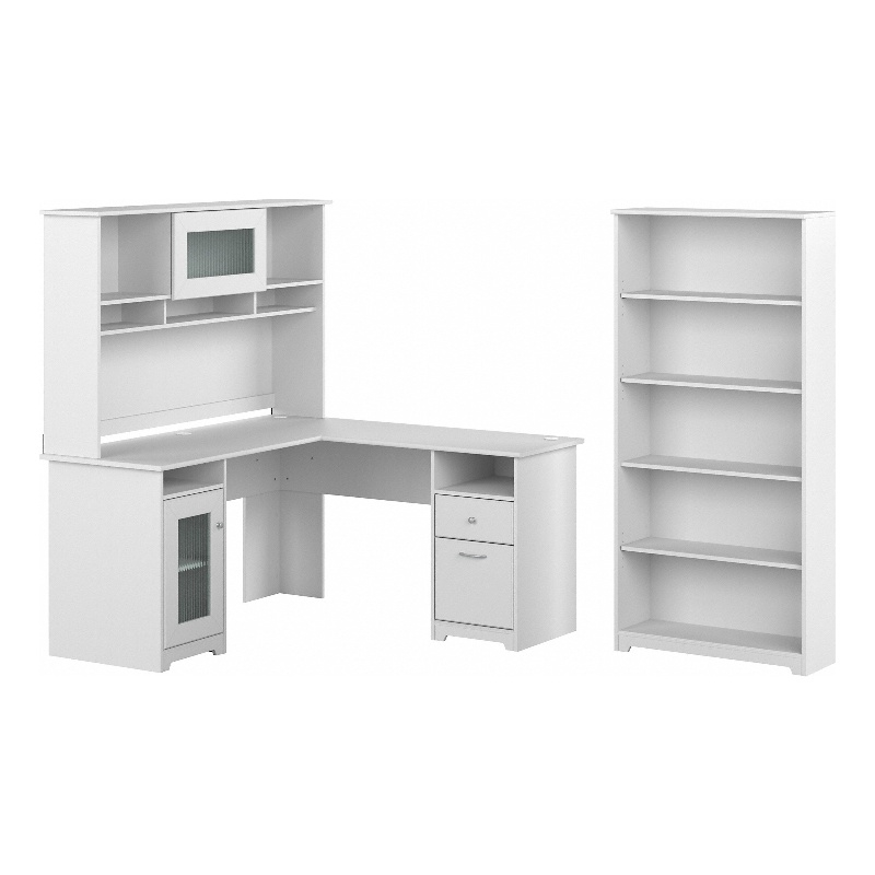Pemberly Row Engineered Wood 60W L Desk with Hutch and 5 Shelf Bookcase in White