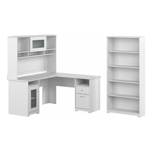 Pemberly Row Engineered Wood 60W L Desk with Hutch and 5 Shelf Bookcase in White