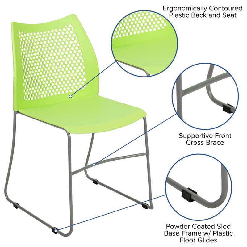 Pemberly Row Perforated Plastic Sled Base Stacking Chair in Green