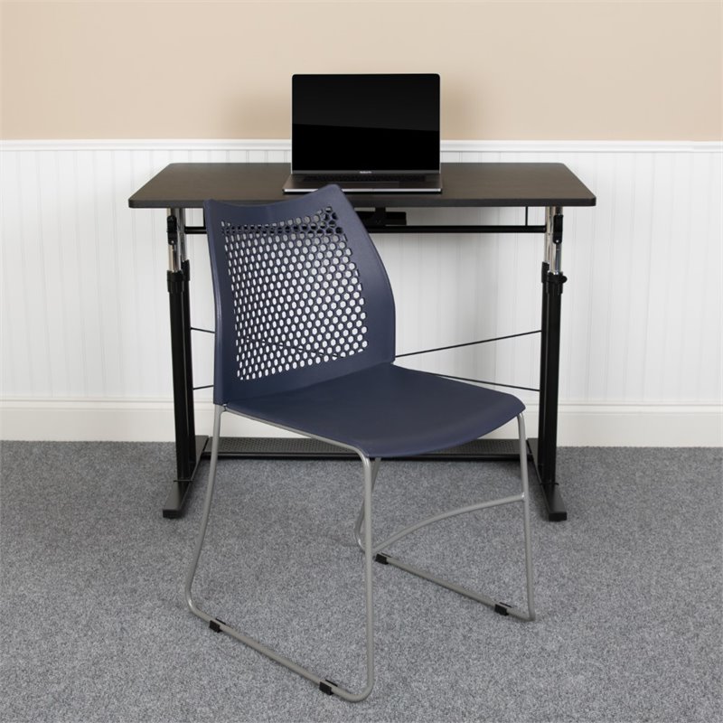 Pemberly Row Perforated Plastic Sled Base Stacking Chair in Navy