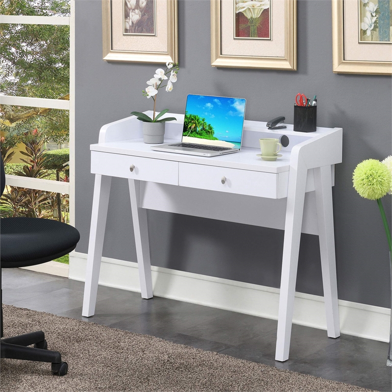 Pemberly Row Modern Deluxe Two-Drawer Desk in White Wood Finish