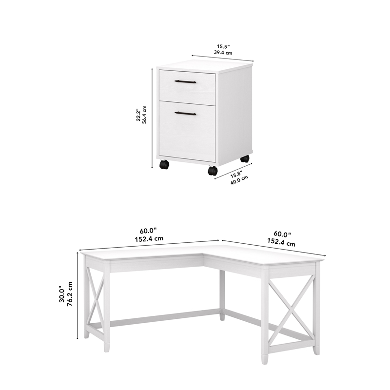 Pemberly Row Modern 60W L Shaped Desk with 2 Drawer File Cabinet