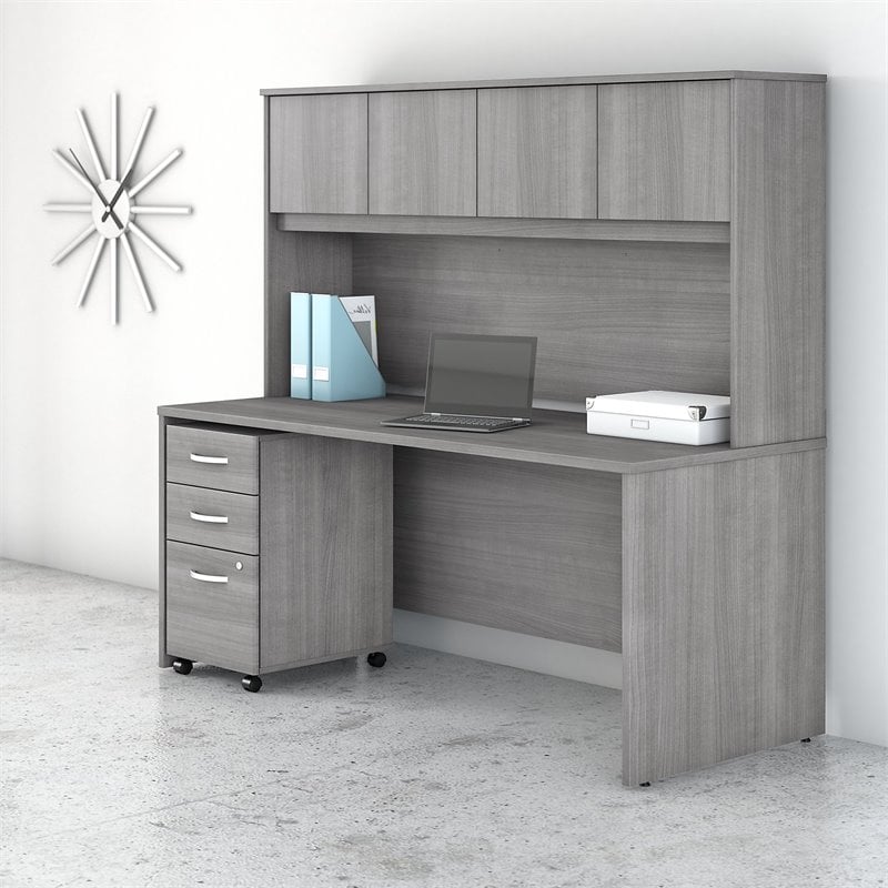 Pemberly Row Engineered Wood 72W Office Desk with Hutch and File Cabinet in Gray
