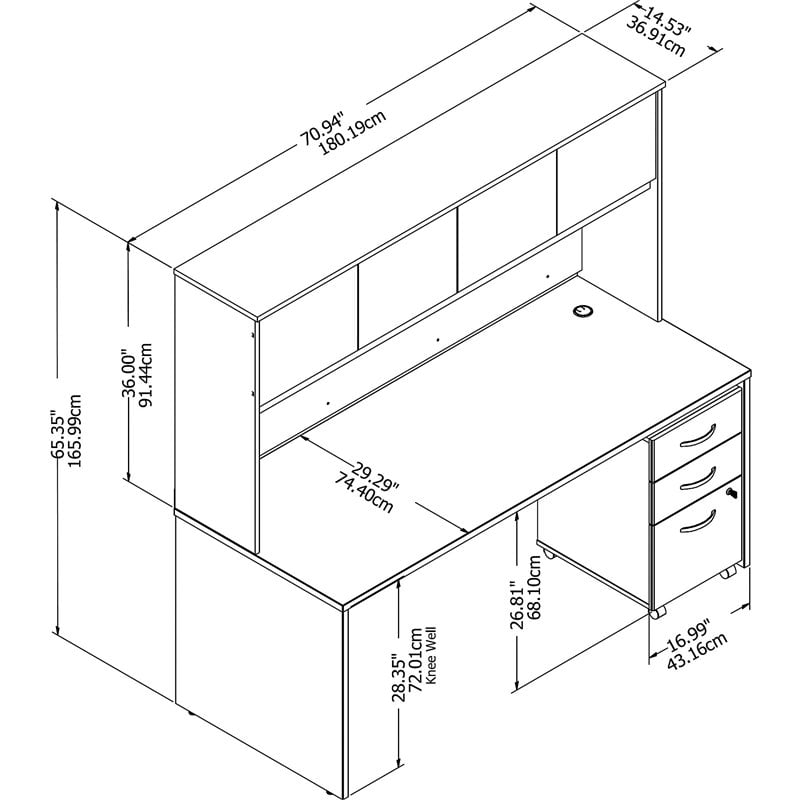 Pemberly Row Engineered Wood 72W Office Desk with Hutch and File Cabinet in Gray
