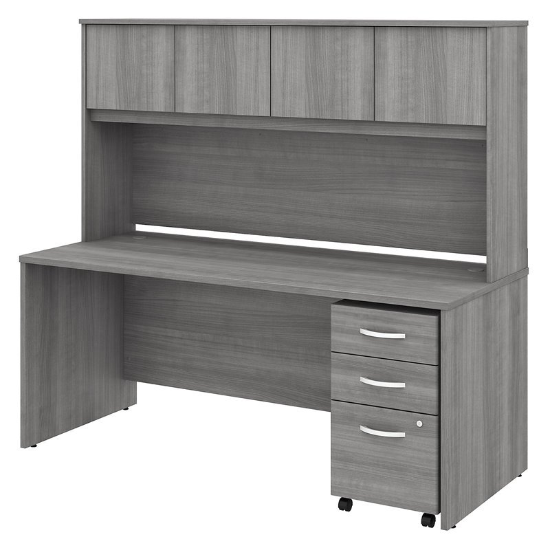Pemberly Row Engineered Wood 72W Office Desk with Hutch and File Cabinet in Gray