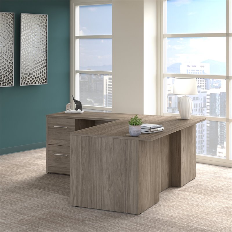 Pemberly Row 72W L Shaped Desk with Drawers in Modern Hickory - Engineered Wood