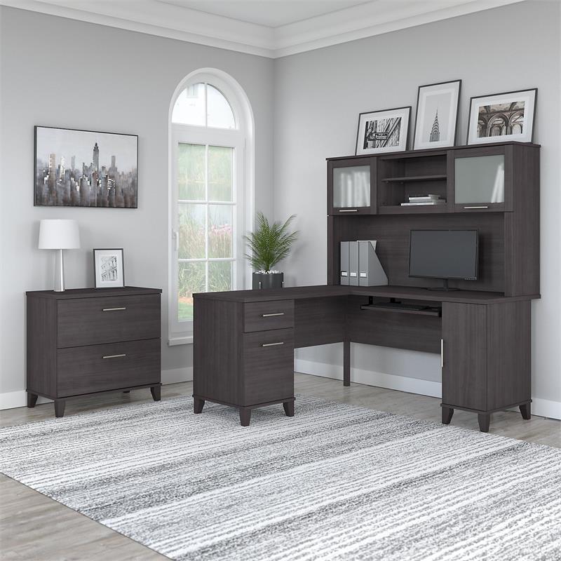 Pemberly Row 60W L Desk with Hutch & File Cabinet in Storm Gray