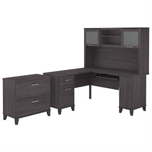 Pemberly Row 60W L Desk with Hutch & File Cabinet in Storm Gray