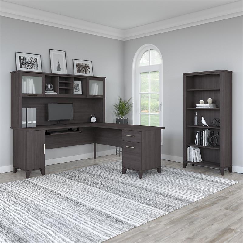 Pemberly Row Modern 72W L Desk with Hutch & Bookcase in Storm Gray