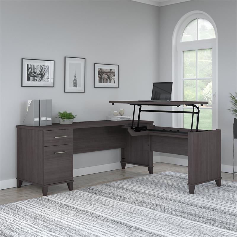 Pemberly Row Modern 72W Sit to Stand L Shaped Desk in Storm Gray
