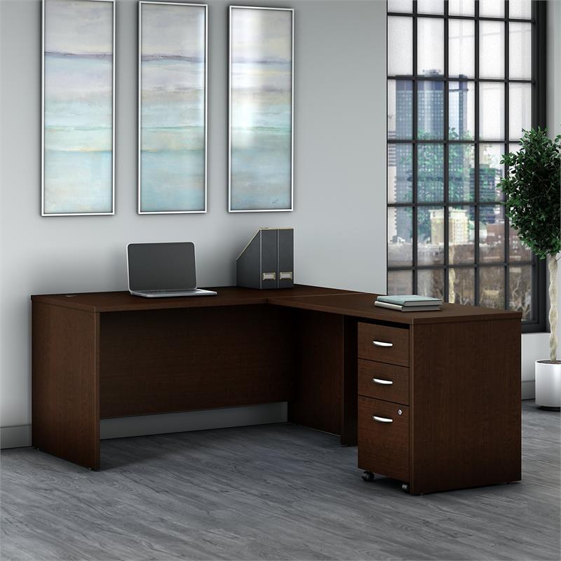 Pemberly Row 60W L Shaped Desk with Drawers in Mocha Cherry - Engineered Wood