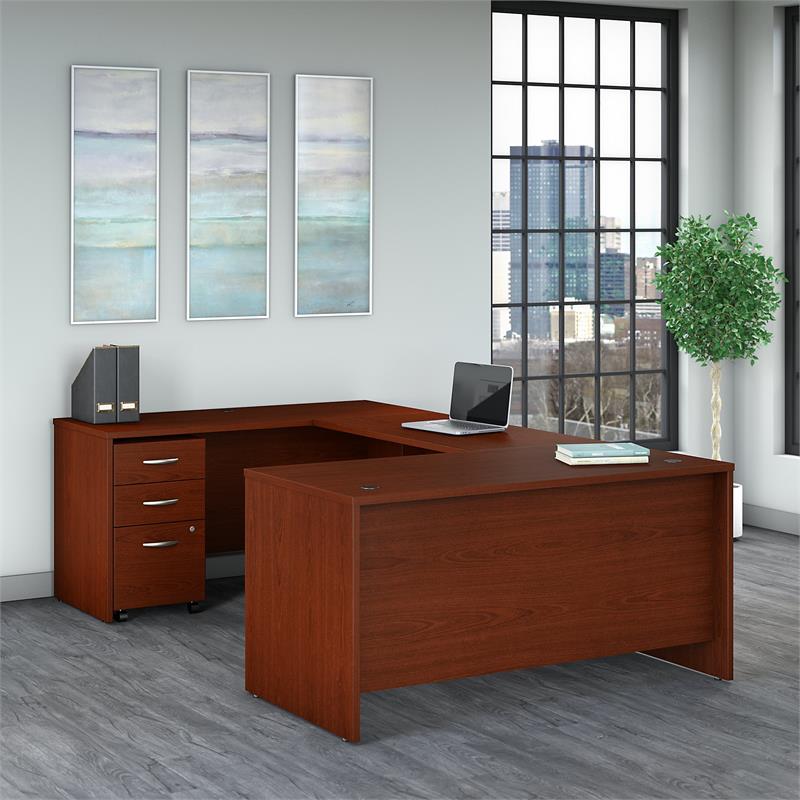 Pemberly Row 60W U Shaped Desk with Drawers in Mahogany - Engineered Wood