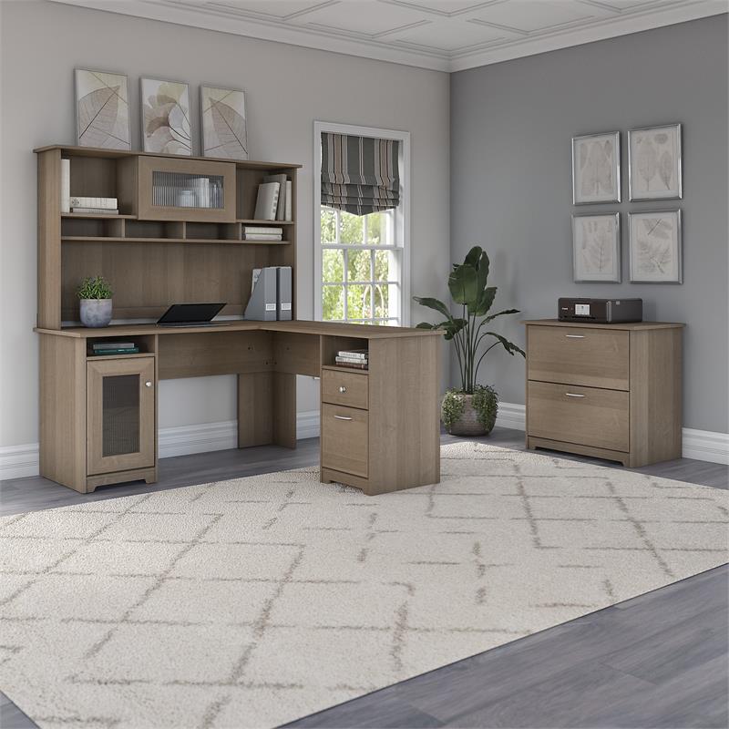 Pemberly Row L Shaped Desk with Hutch & File Cabinet in Ash Gray