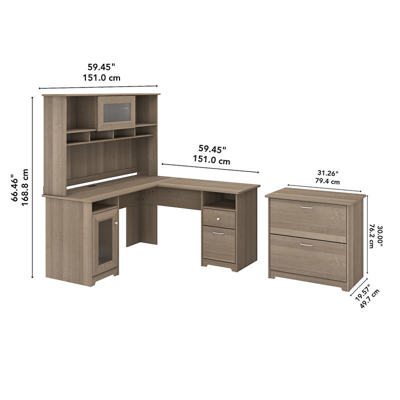 Pemberly Row L Shaped Desk with Hutch & File Cabinet in Ash Gray
