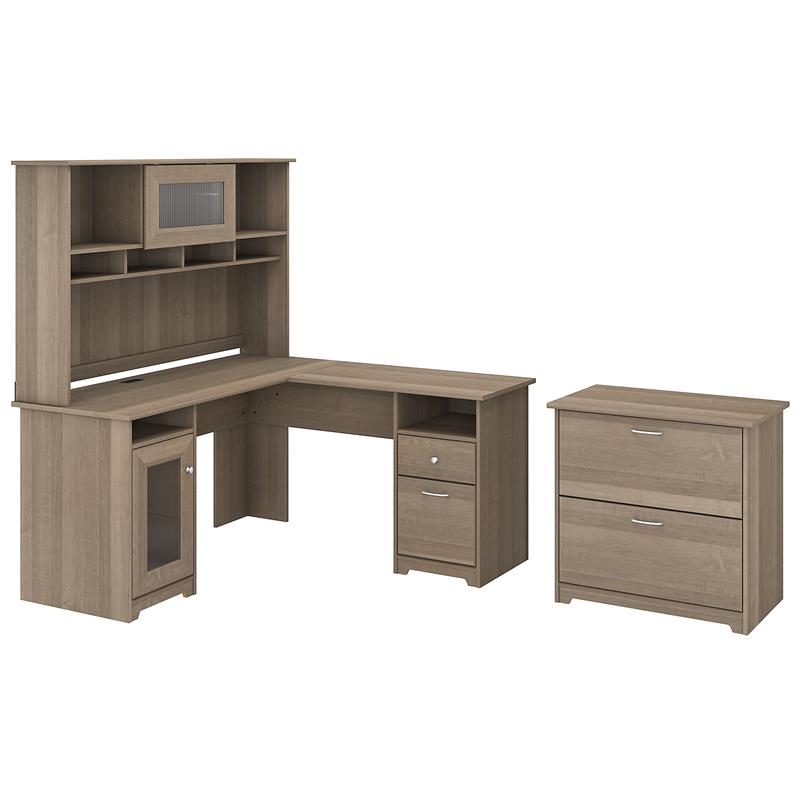 Pemberly Row L Shaped Desk with Hutch & File Cabinet in Ash Gray