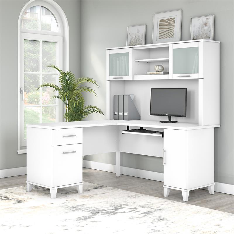 Pemberly Row 60W L Shaped Desk with Hutch in White - Engineered Wood