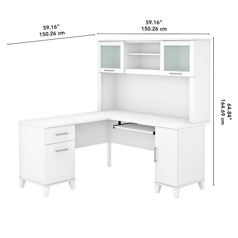 Pemberly Row 60W L Shaped Desk with Hutch in White - Engineered Wood