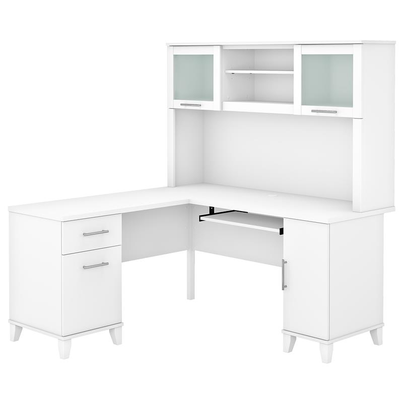 Pemberly Row 60W L Shaped Desk with Hutch in White - Engineered Wood