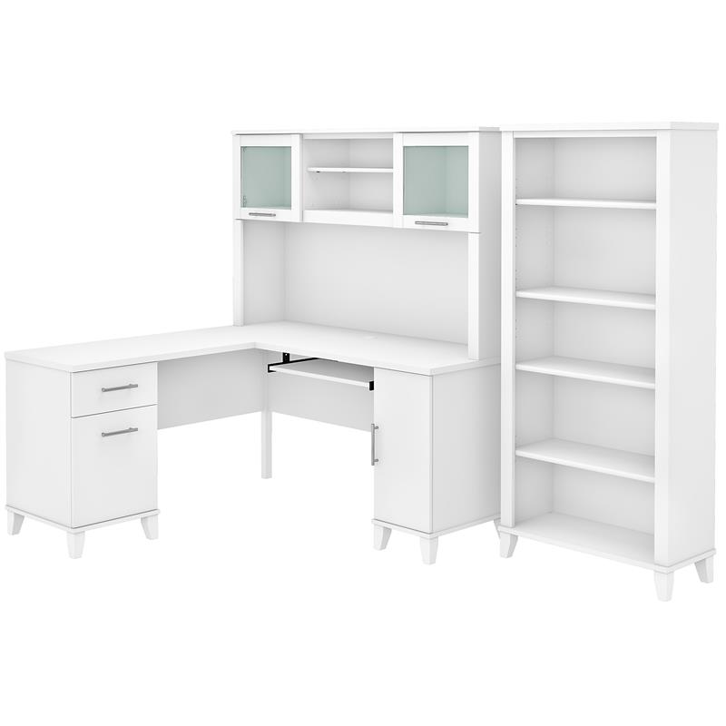 Pemberly Row Engineered Wood 60W L Shaped Desk with Hutch and Bookcase in White