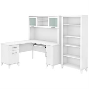 Pemberly Row Engineered Wood 60W L Shaped Desk with Hutch and Bookcase in White