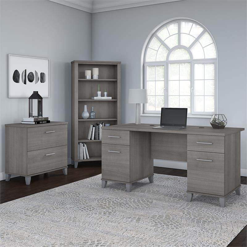 Pemberly Row Wood 60W Office Desk with File Cabinet & Bookcase in Gray