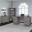 Pemberly Row Wood 60W Office Desk with File Cabinet & Bookcase in Gray