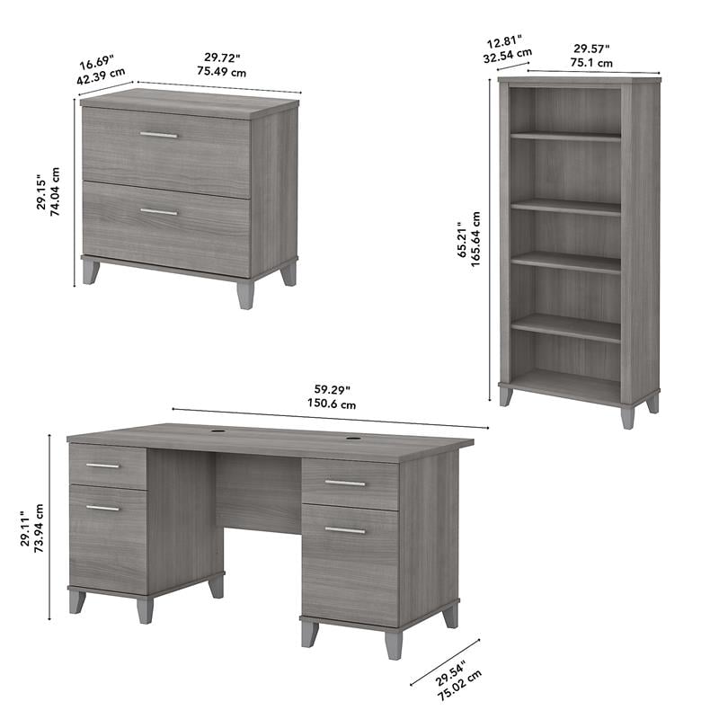 Pemberly Row Wood 60W Office Desk with File Cabinet & Bookcase in Gray