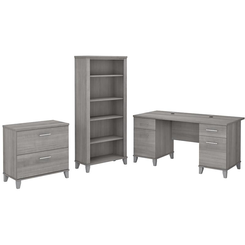 Pemberly Row Wood 60W Office Desk with File Cabinet & Bookcase in Gray
