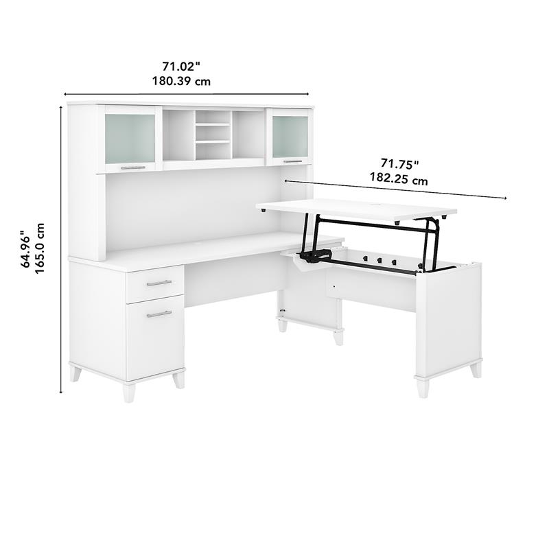 Pemberly Row 72W Sit to Stand L Desk with Hutch in White - Engineered Wood