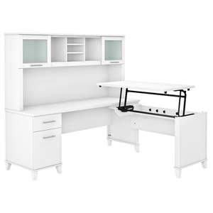 Pemberly Row 72W Sit to Stand L Desk with Hutch in White - Engineered Wood