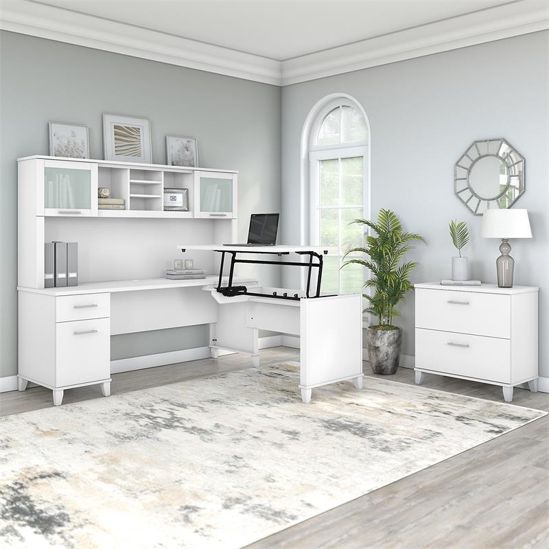 Pemberly Row Wood Sit-Stand L Desk with Hutch and File Cabinet in White
