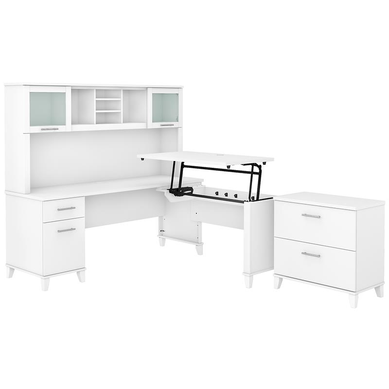 Pemberly Row Wood Sit-Stand L Desk with Hutch and File Cabinet in White