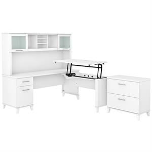 Pemberly Row Wood Sit-Stand L Desk with Hutch and File Cabinet in White