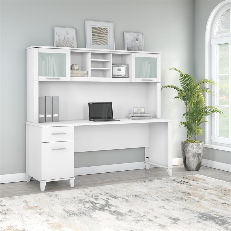 Pemberly Row 72W Office Desk with Drawers and Hutch in White - Engineered Wood