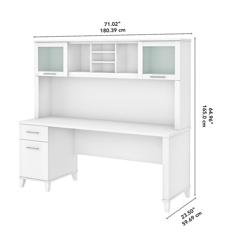 Pemberly Row 72W Office Desk with Drawers and Hutch in White - Engineered Wood