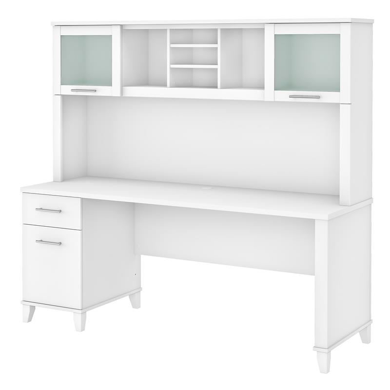 Pemberly Row 72W Office Desk with Drawers and Hutch in White - Engineered Wood
