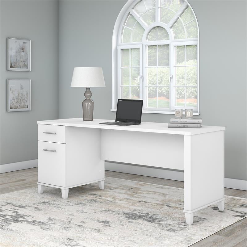 Pemberly Row 72W Office Desk with Drawers in White - Engineered Wood