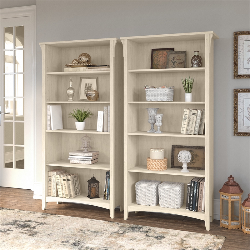 Pemberly Row Tall 5 Shelf Bookcase - Set of 2 in Antique White - Engineered Wood
