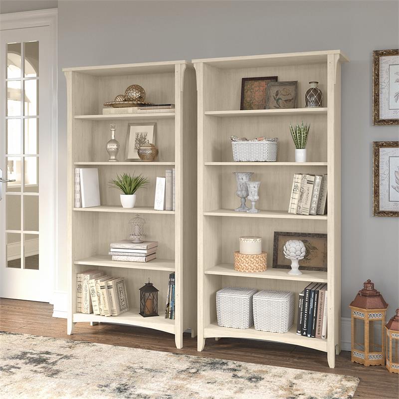 Pemberly Row Tall 5 Shelf Bookcase - Set of 2 in Antique White - Engineered Wood