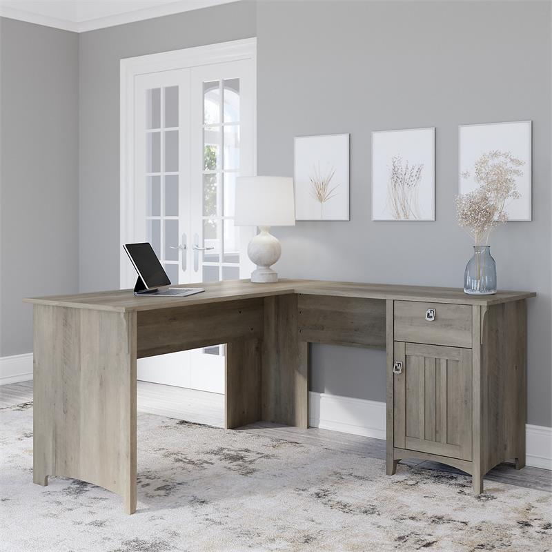 Pemberly Row 60W L Shaped Desk with Storage in Driftwood Gray - Engineered Wood