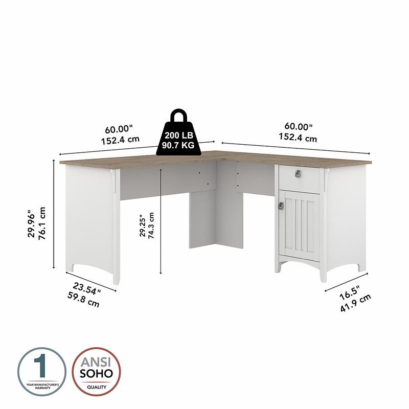 Pemberly Row Engineered Wood 60W L Shaped Desk with Storage in White / Gray