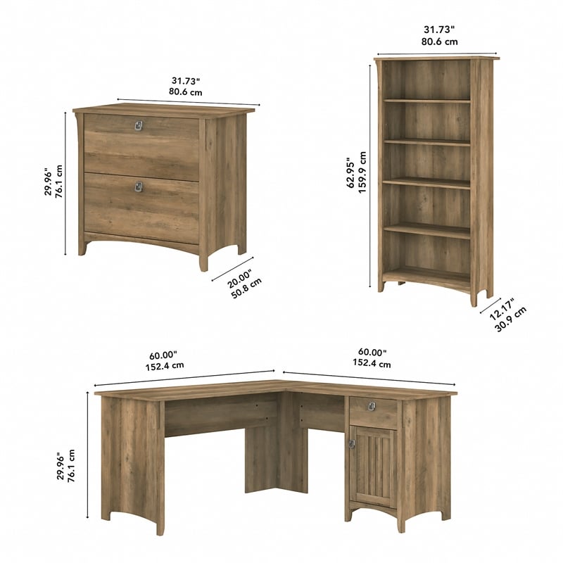 Pemberly Row Wood L Desk with File Cabinet & Bookcase in Reclaimed Pine