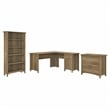 Pemberly Row Wood L Desk with File Cabinet & Bookcase in Reclaimed Pine