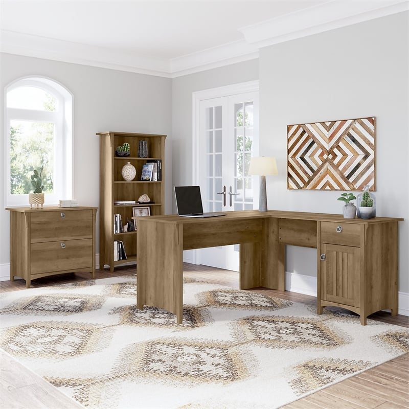 Pemberly Row Wood L Desk with File Cabinet & Bookcase in Reclaimed Pine